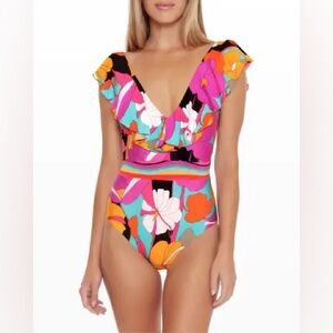 Trina Turk Colorful Floral One Piece Swimsuit - Pink, Orange, Black